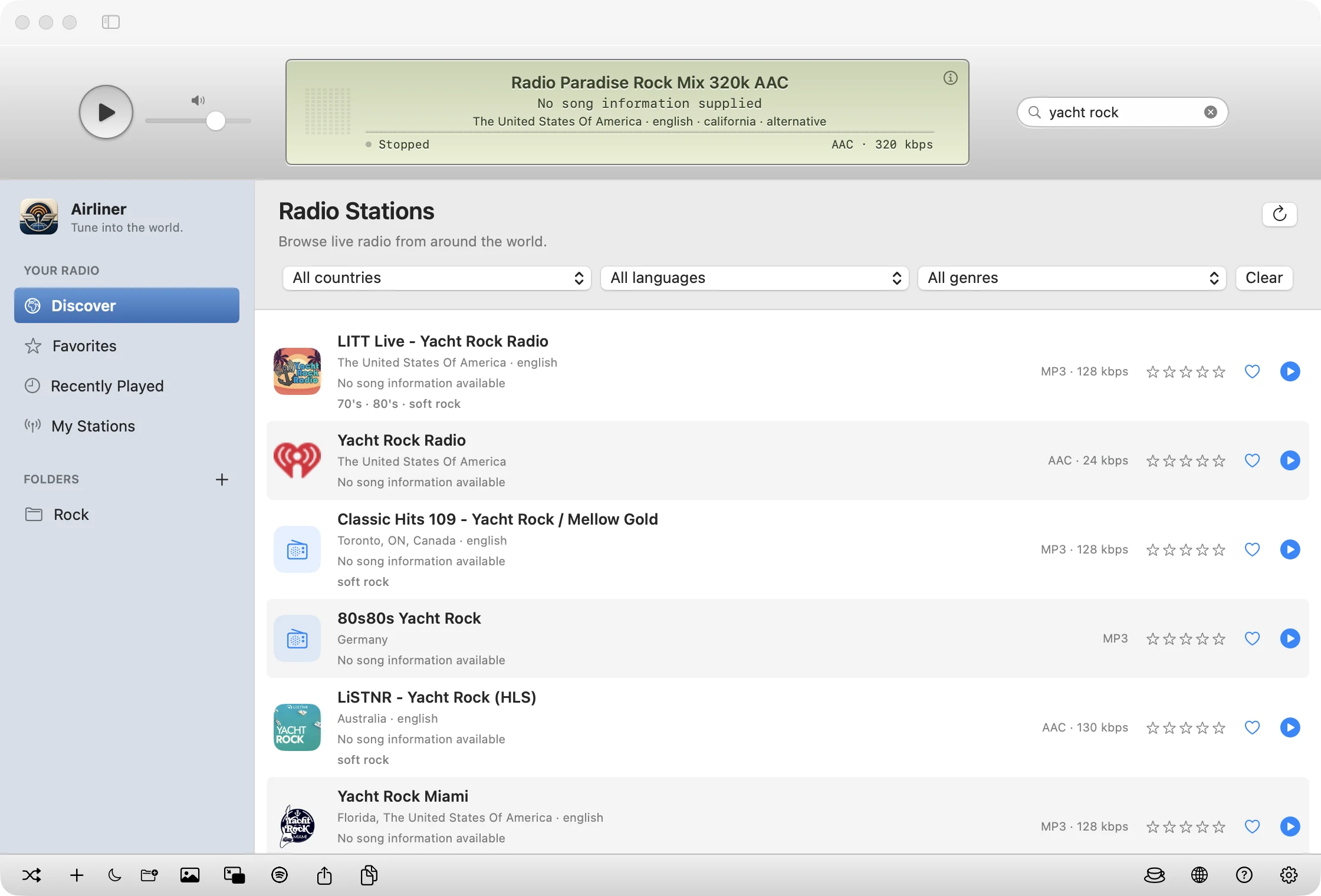 Airliner Discover results for yacht rock with station logos, song preview lines, star ratings, heart favorites and play buttons