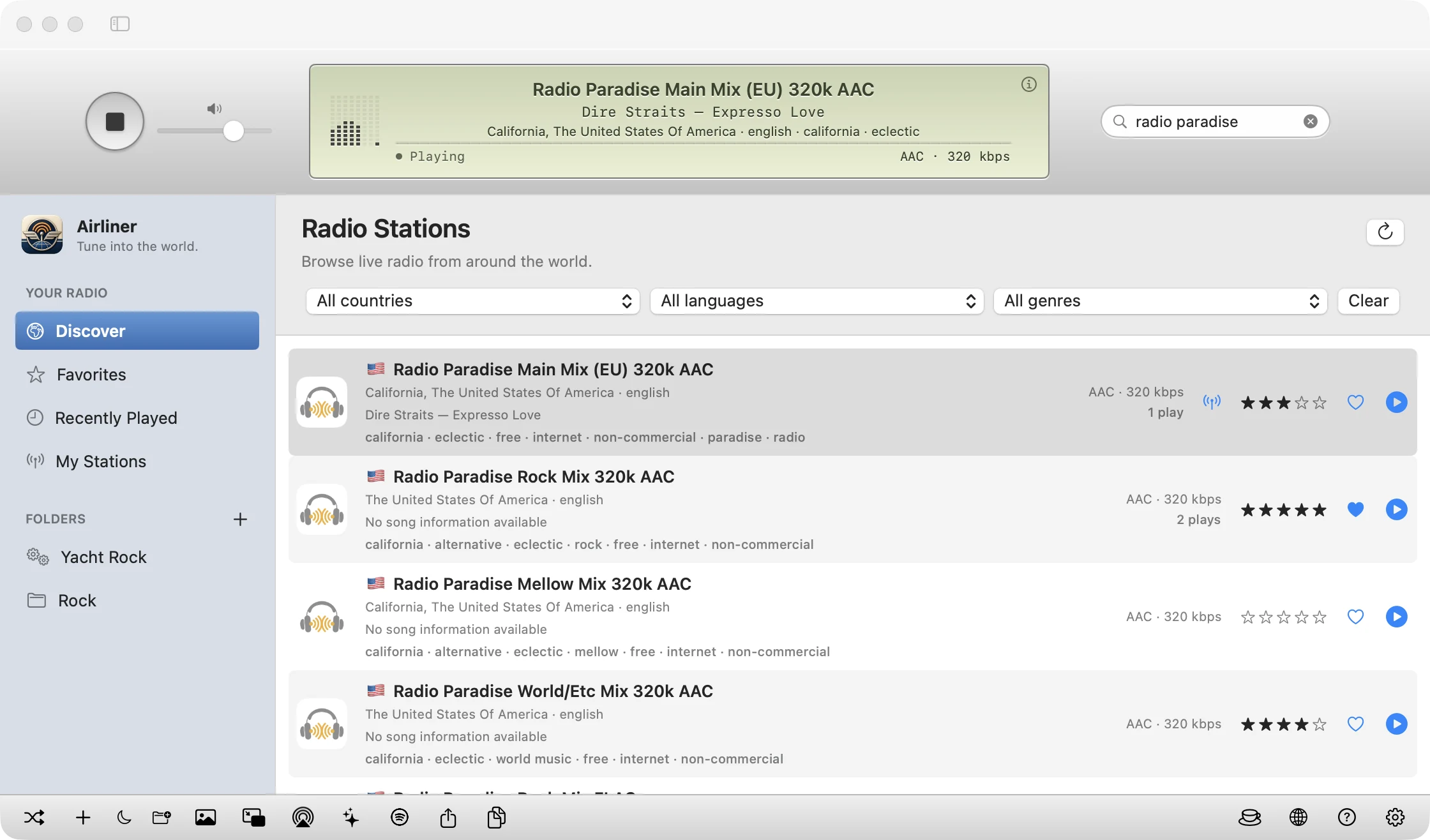 Airliner Discover view listing Radio Paradise stations with country, genre tags, codec, bitrate, star ratings and heart favorites, plus country, language and genre filters