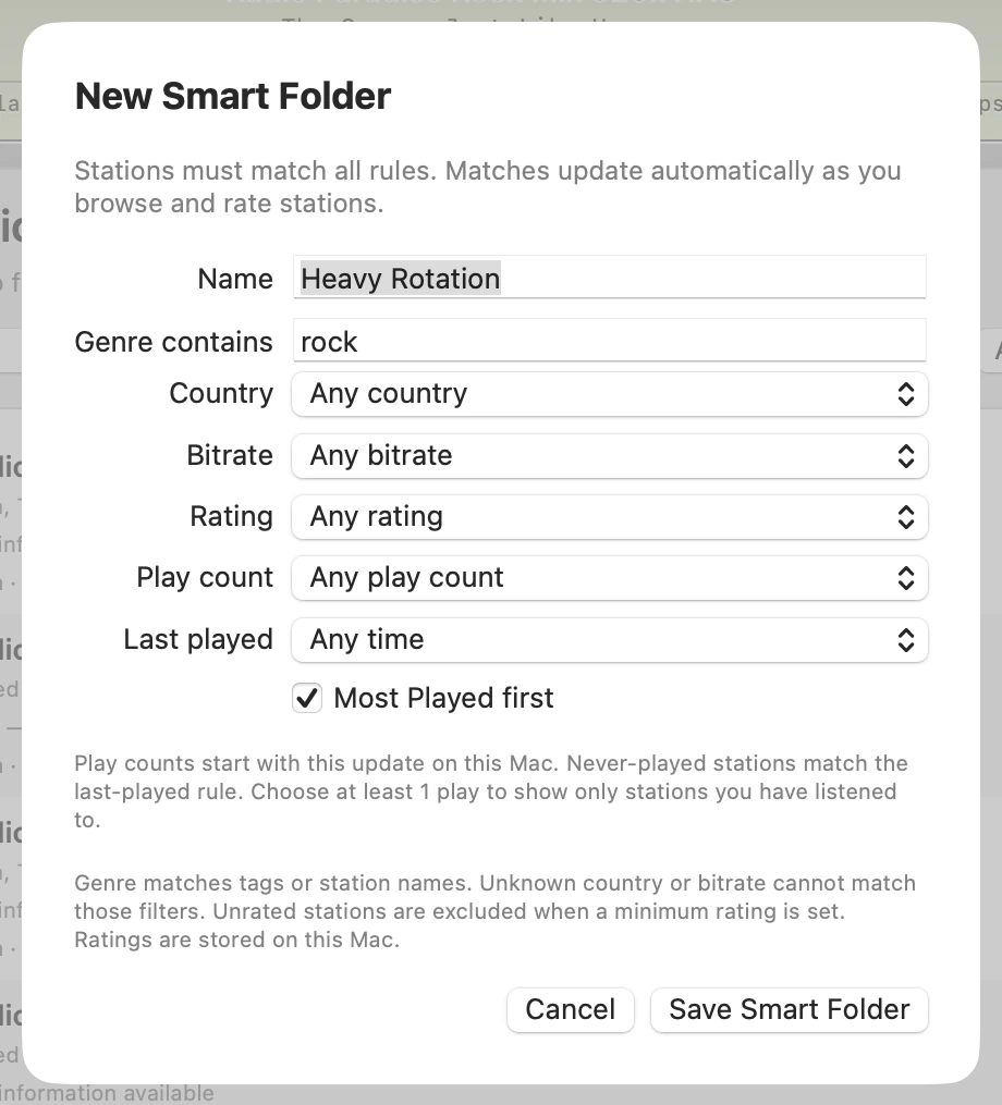 Airliner's New Smart Folder dialog with name, genre, country, bitrate, rating, play count and last-played rules and a Most Played first option