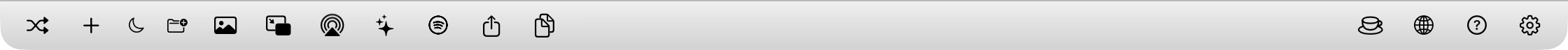 Airliner's silver bottom toolbar with shuffle, add station, sleep timer, folder, artwork, mini player, AirPlay, visualizer, Spotify, share and copy buttons on the left and coffee, Radio Browser, help and settings on the right