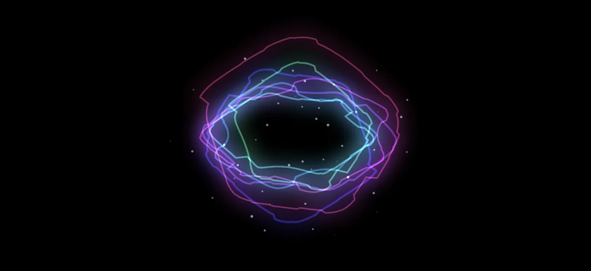 Aurora visualizer: glowing magenta, blue and teal ribbons forming a luminous loop on black